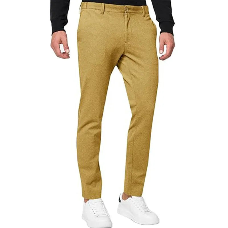 Men's slim-fit tapered chino trousers in stretch cotton blend fabric with pleated front detail