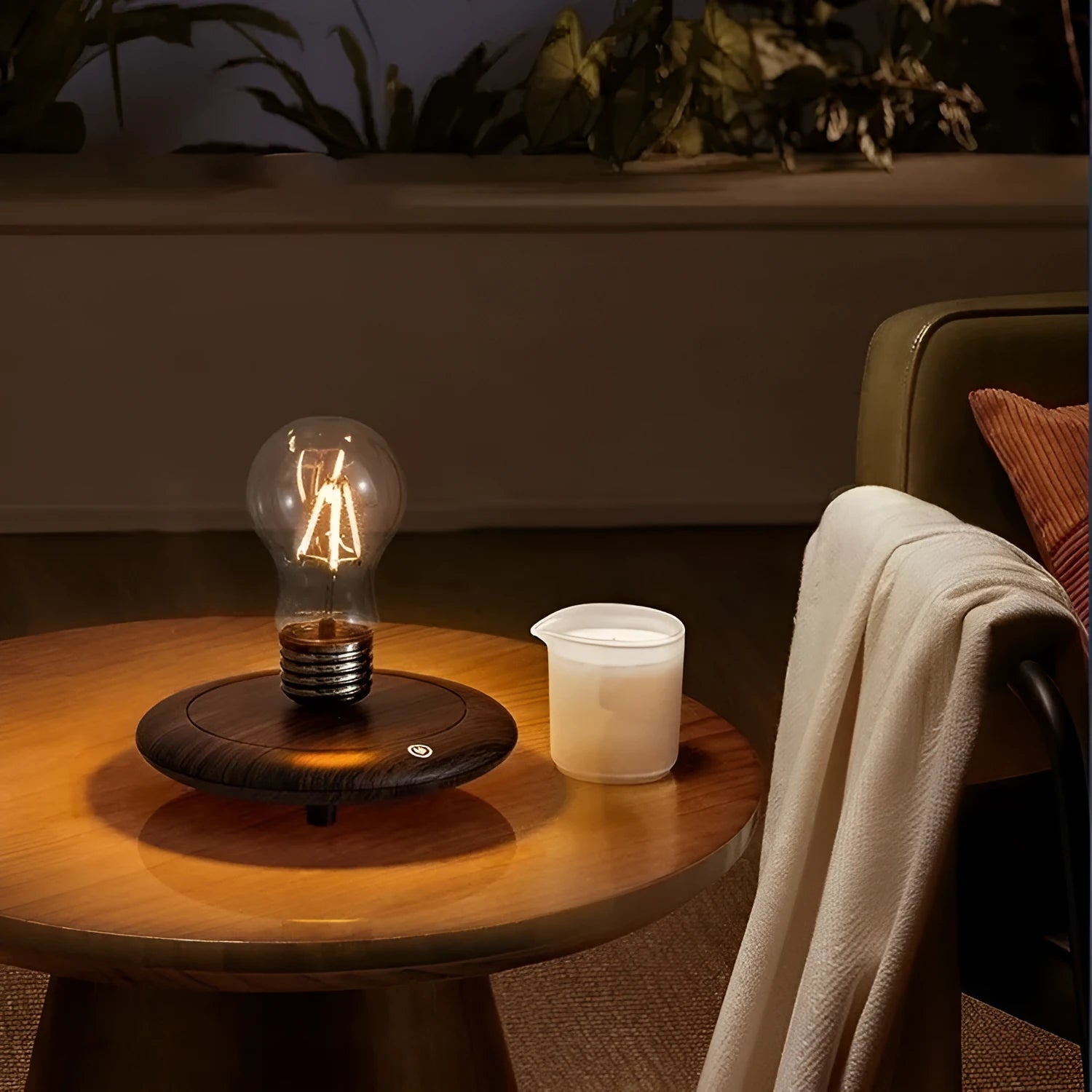Iron art suspension bulb night lamp on black wood grain base measuring 11cm