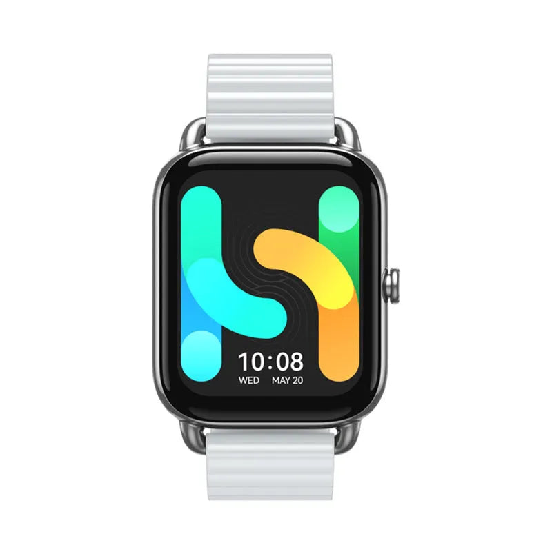 HAYLOU RS4 Plus smartwatch in Black, Champagne, or Silver on wrist showing AMOLED display.