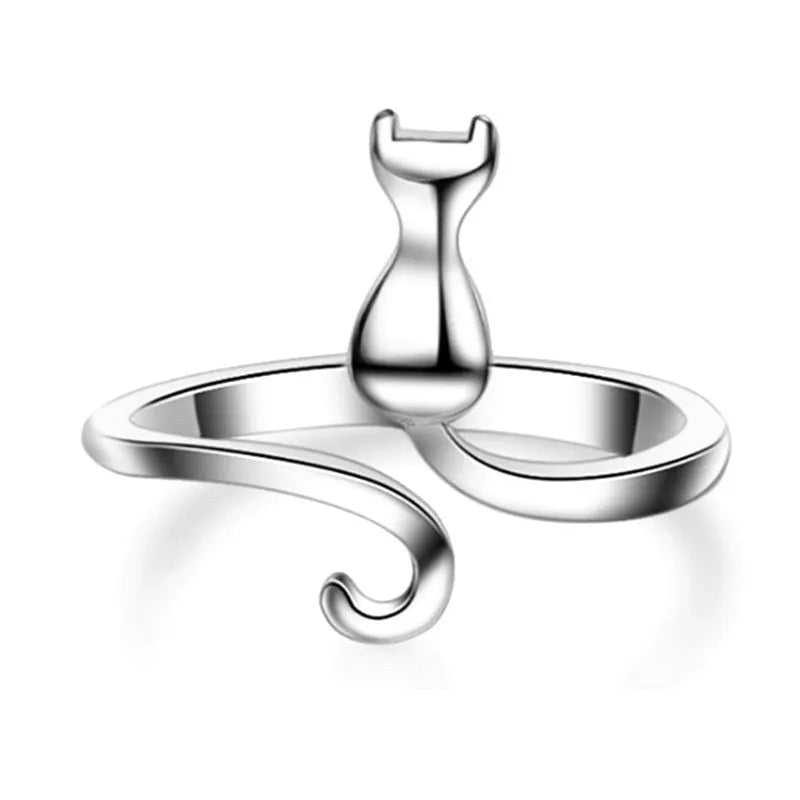 Platinum colour alloy cat face open ring with adjustable opening on white background