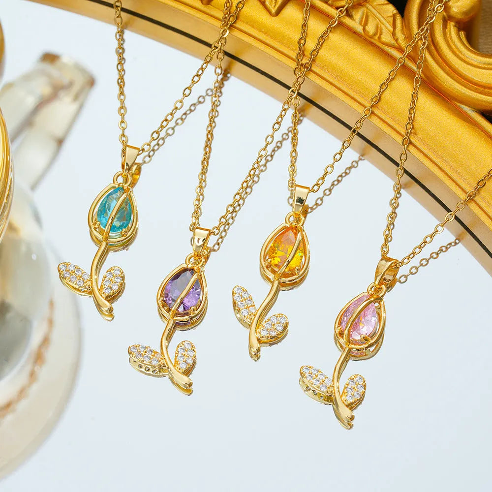 Zircon tulip necklace with adjustable titanium steel chain and copper-plated gold pendant