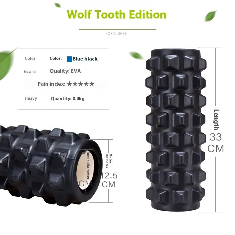 33cm long black foam roller massage stick with six raised gear pieces along its shaft.