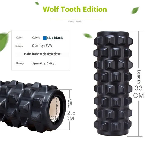 33cm long black foam roller massage stick with six raised gear pieces along its shaft.