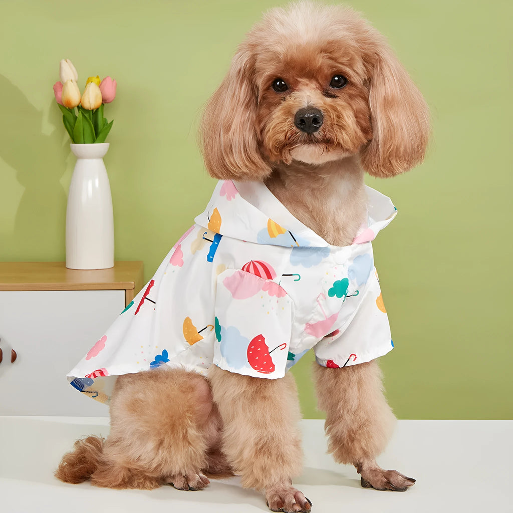 Colourful cartoon umbrella pattern dog raincoat in waterproof polyester