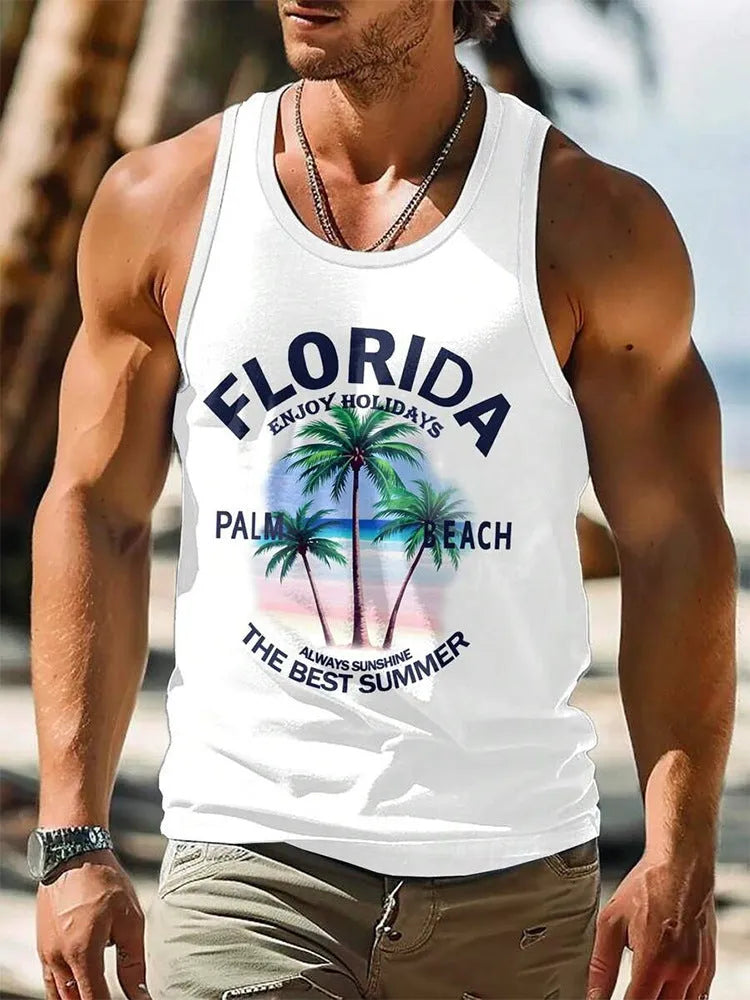 Men's Hawaiian-style 3D printed sleeveless vest tank top in polyester fabric