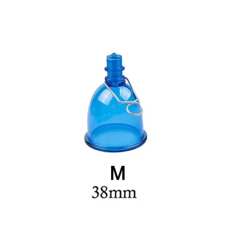Blue silicone male masturbator shown in small, medium, and large size options