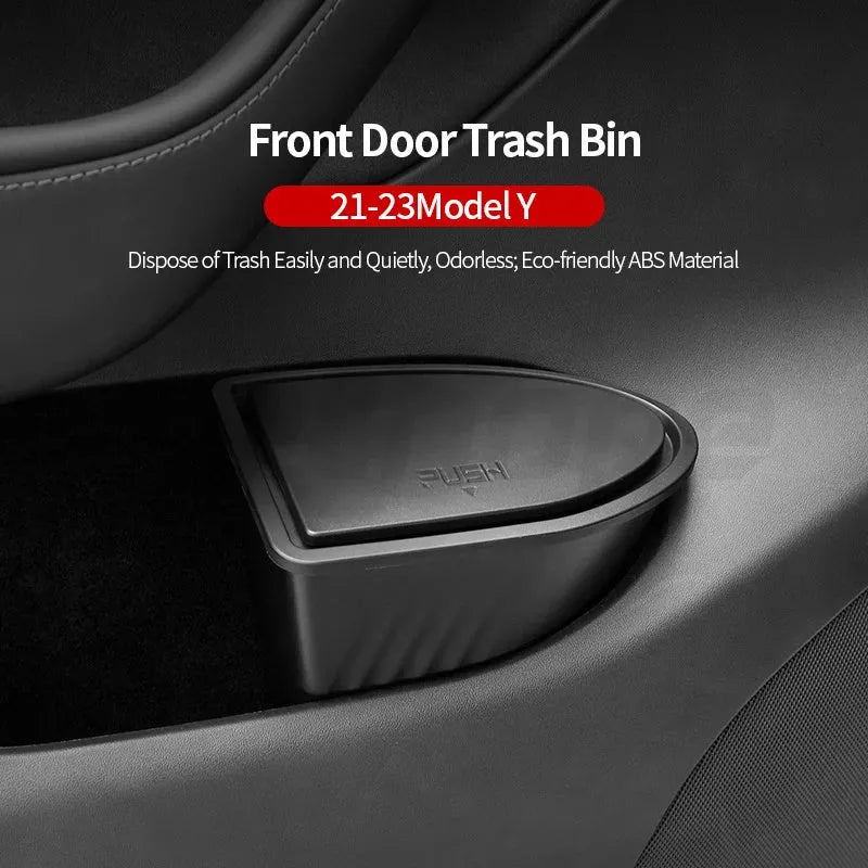 Two black ABS plastic car door trash cans designed for Tesla Model Y front doors.