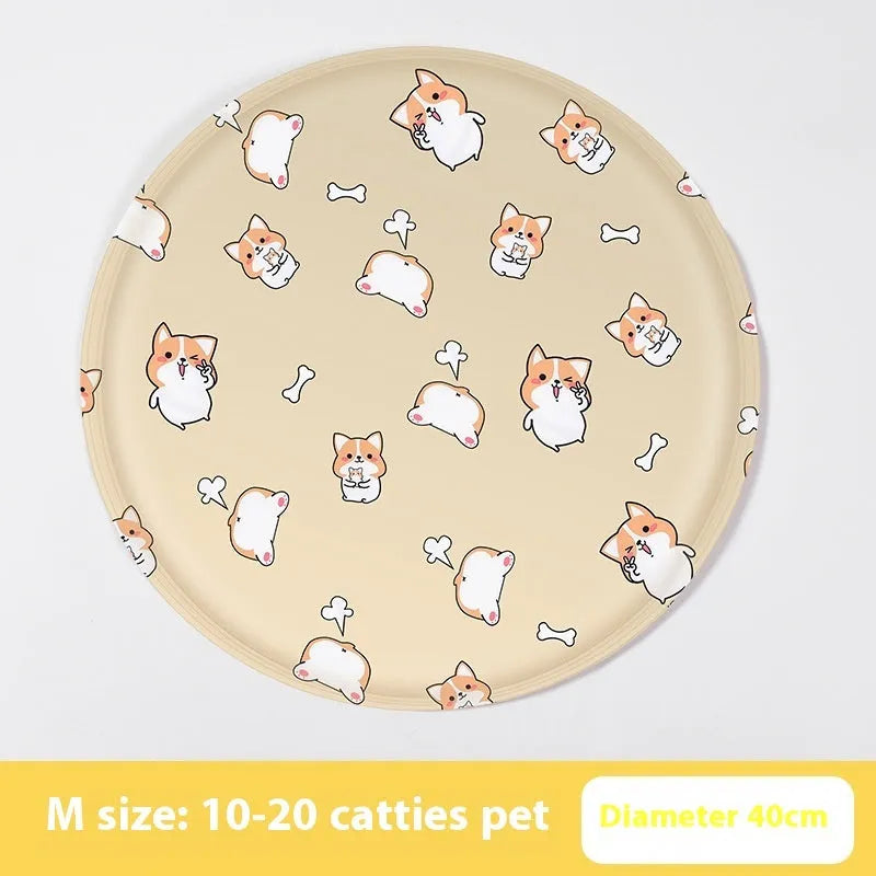 Round gel cooling mat for dogs in blue paw print cartoon design on a beige background