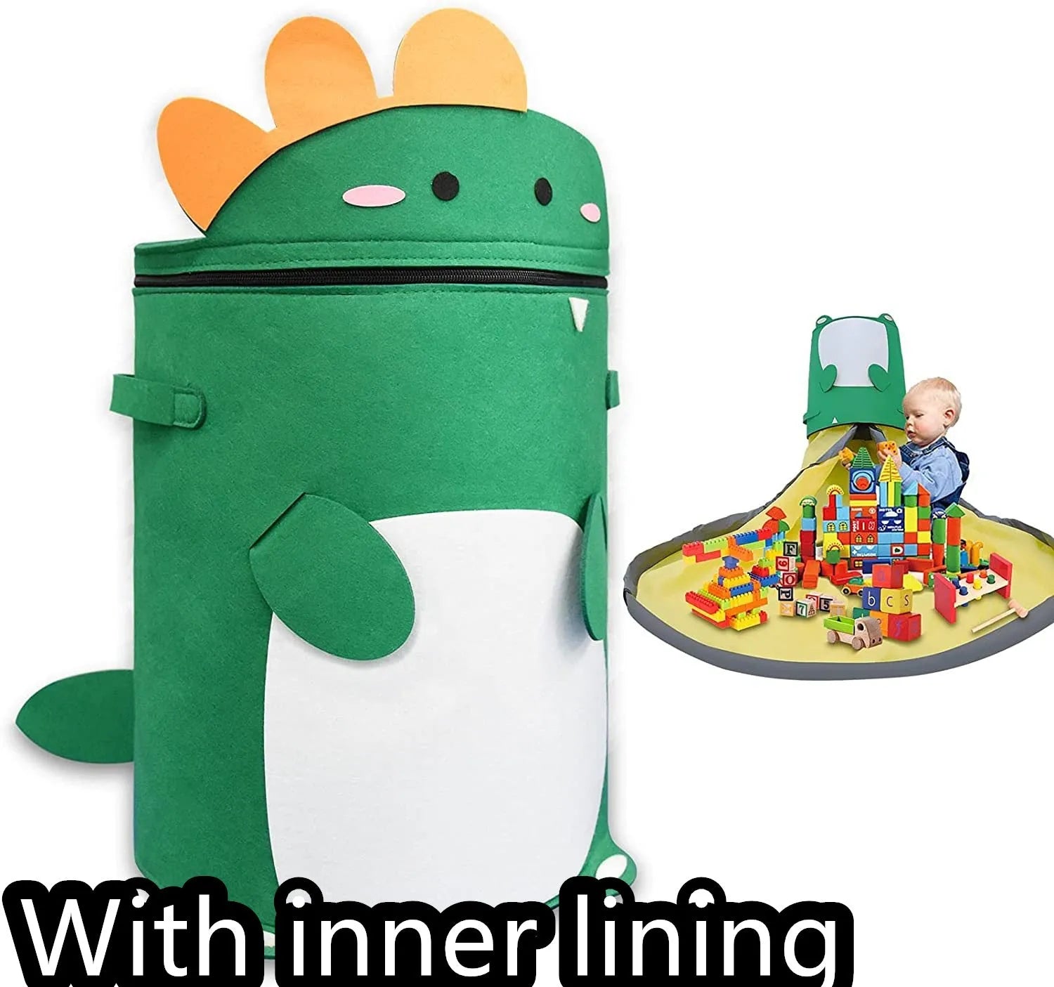 Green felt cube storage bag with pull rope, shown as a toy organiser and play mat.