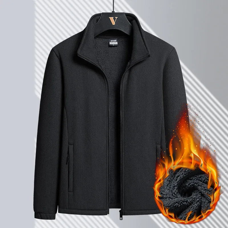 Men's grey Berber fleece cardigan coat with stand-up collar and zippered pockets