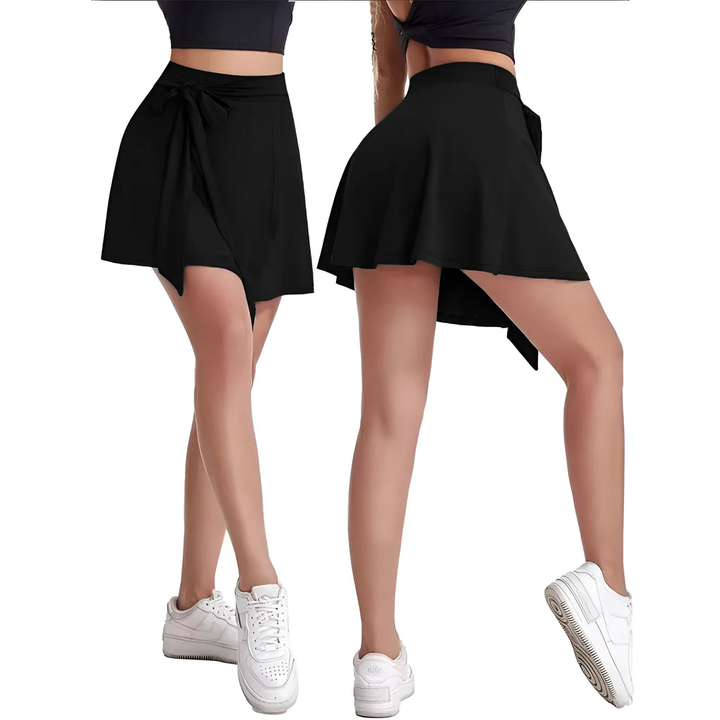 Black thigh-length unisex sports skirt with built-in shorts, high waist, and culotte style.