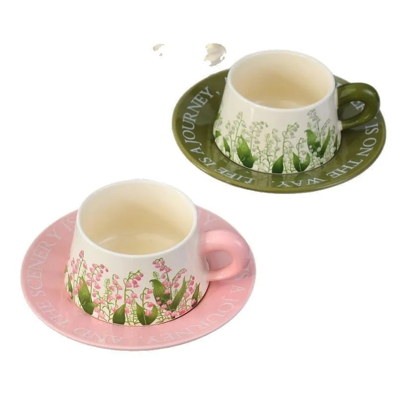 Ceramic coffee cup set with matching saucers and spoons in two design options