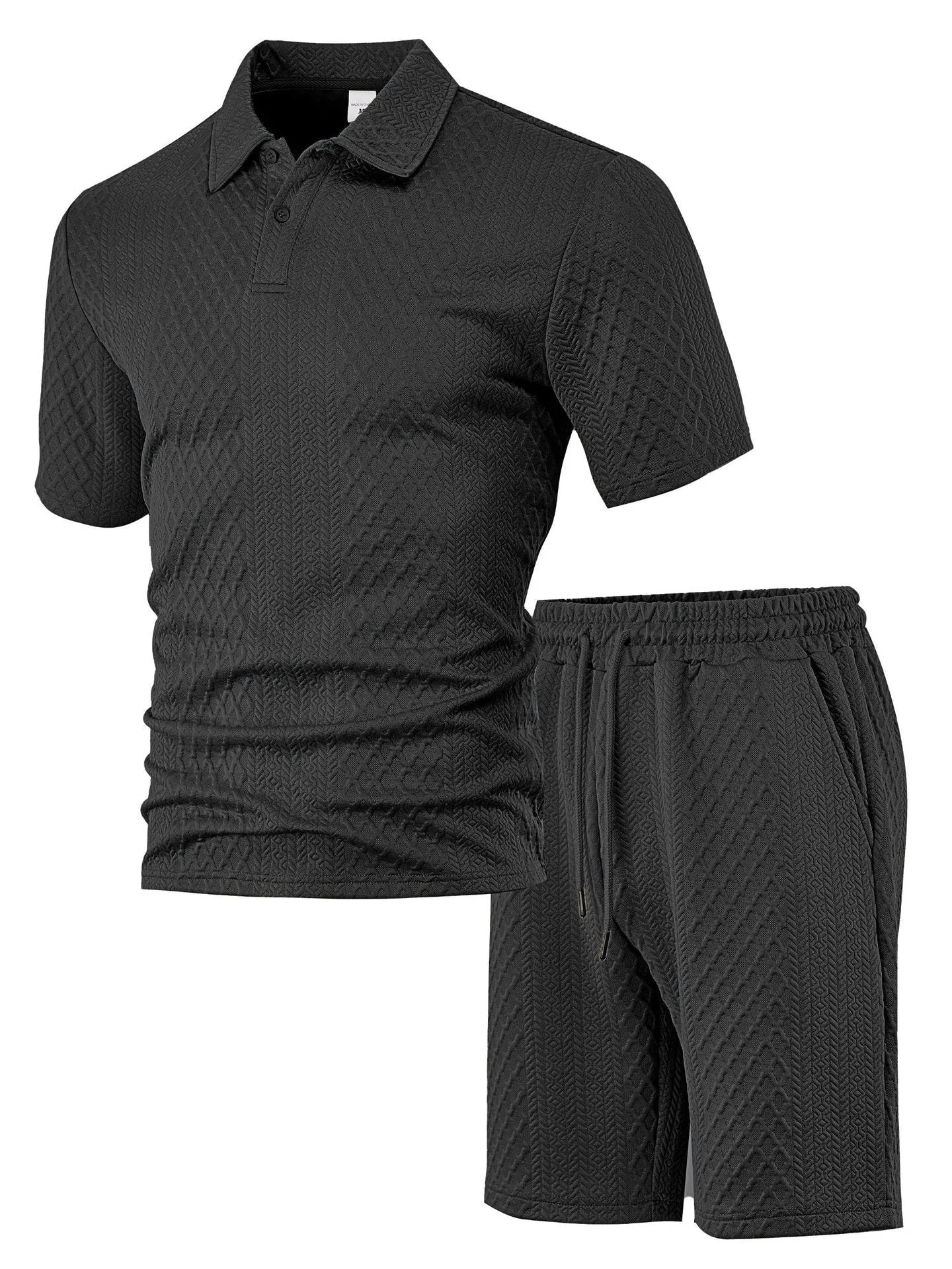 Men's figured cloth casual suit set with short sleeve polo shirt and matching trousers in multiple colour options