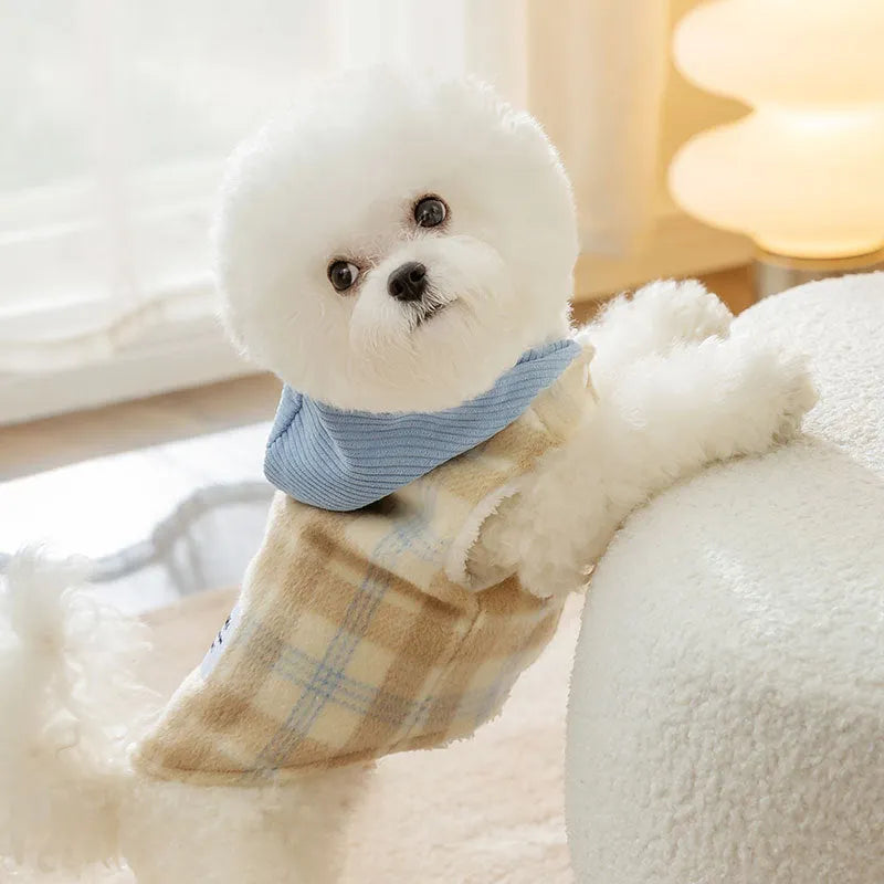 Blue corduroy dog hooded vest with chessboard grid pattern and traction-lined hood for autumn winter wear