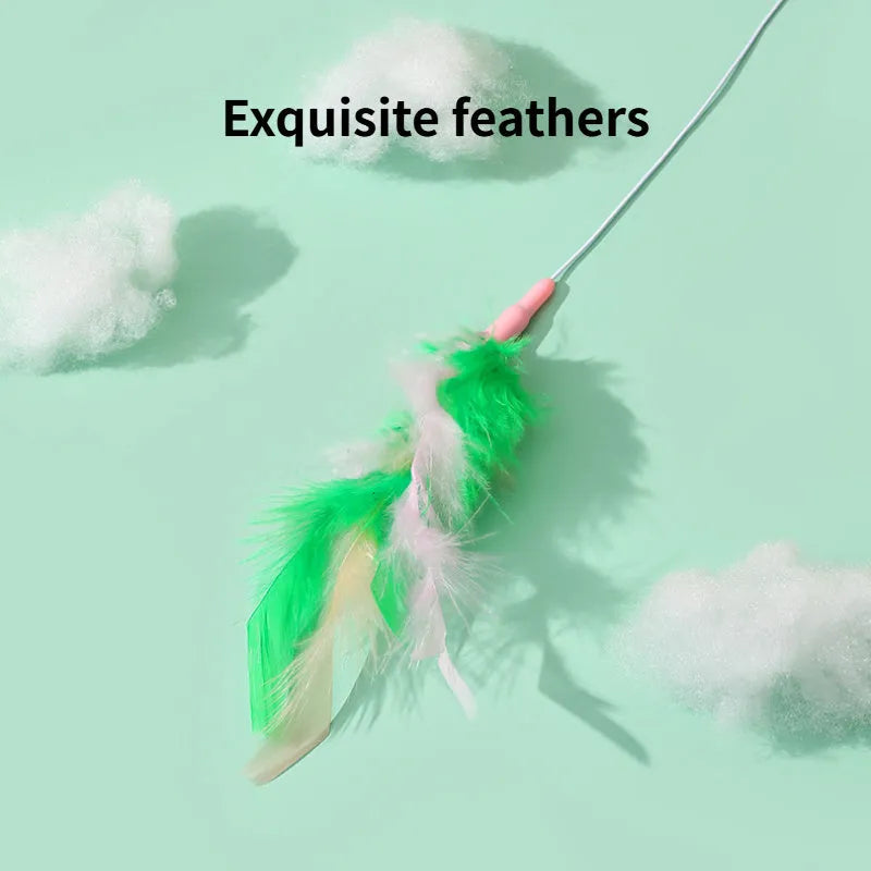 Green interactive cat feather wand toy with bells and synthetic feather attachments