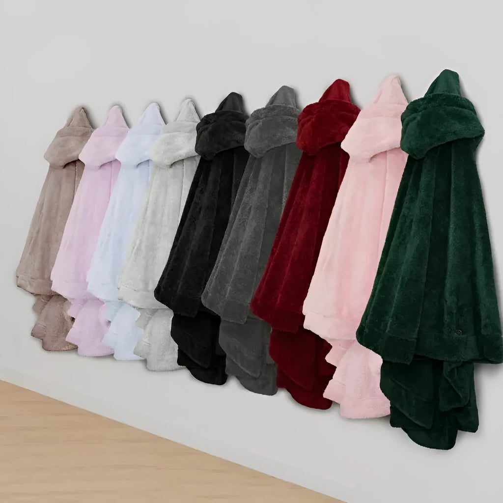 Thick hooded polyester bathrobe in black, dark grey, or pink, shown as a long-sleeve cardigan.