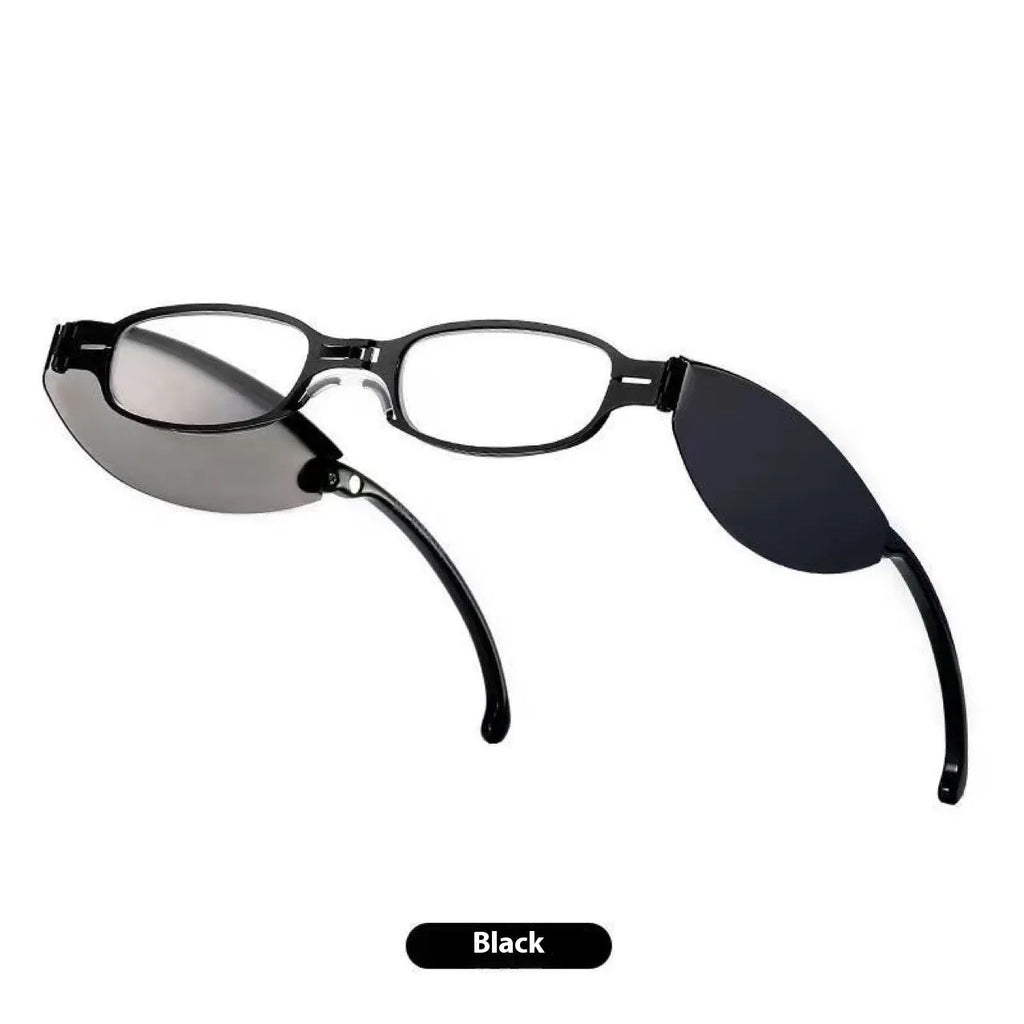 Folding pocket presbyopic glasses in black retro frame with ring detailing