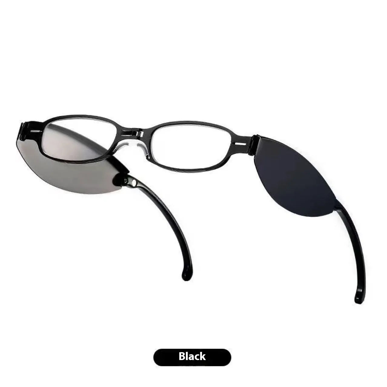 Folding pocket presbyopic glasses in black retro frame with ring detailing
