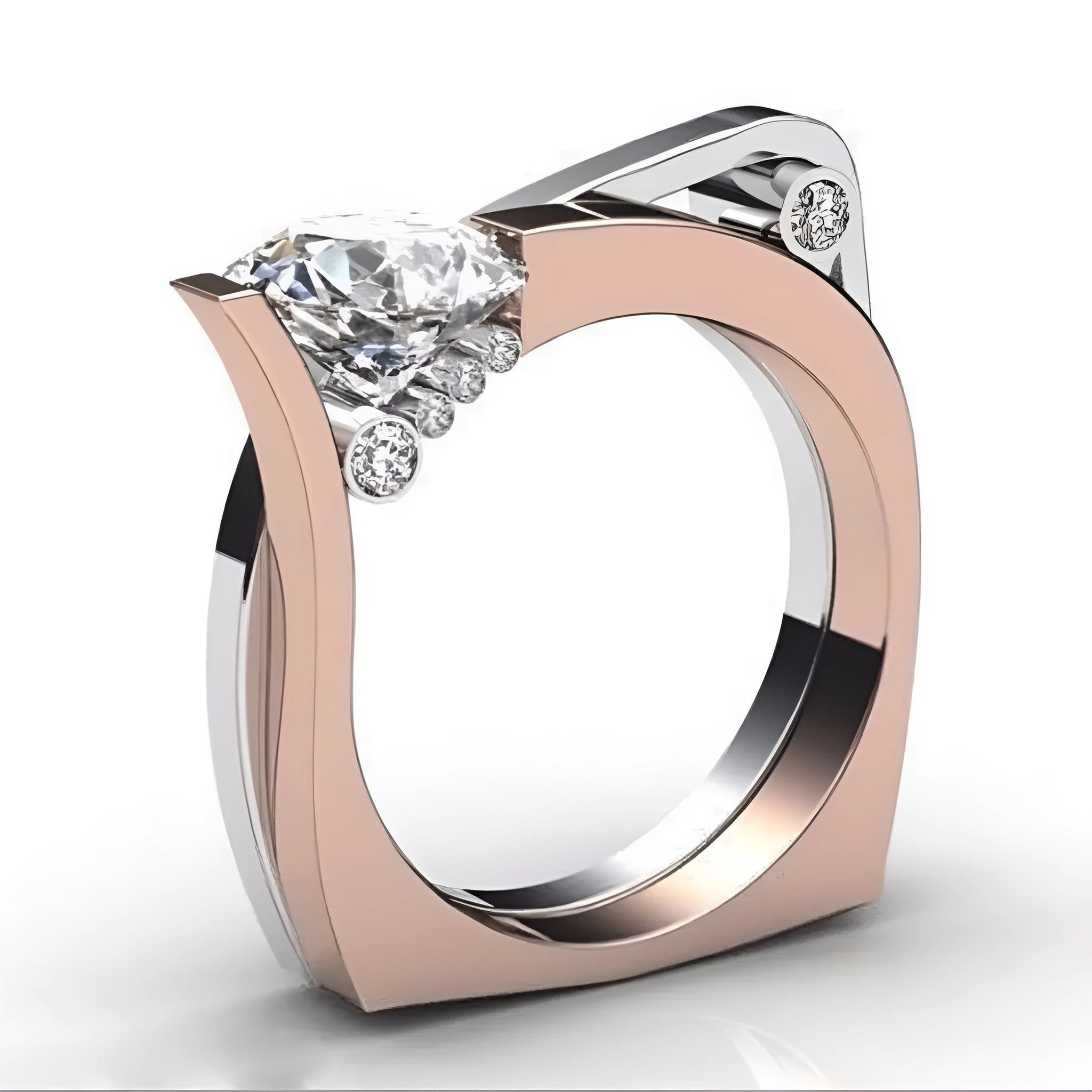 Rose gold geometric women's ring with zircon stones on a white background.