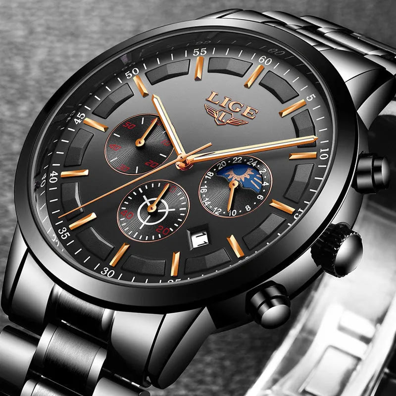 Men's black and rose gold waterproof quartz sports watch on wrist