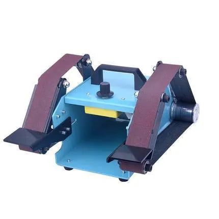 Blue desktop dual-axis belt sander and knife sharpening tool on a workbench.
