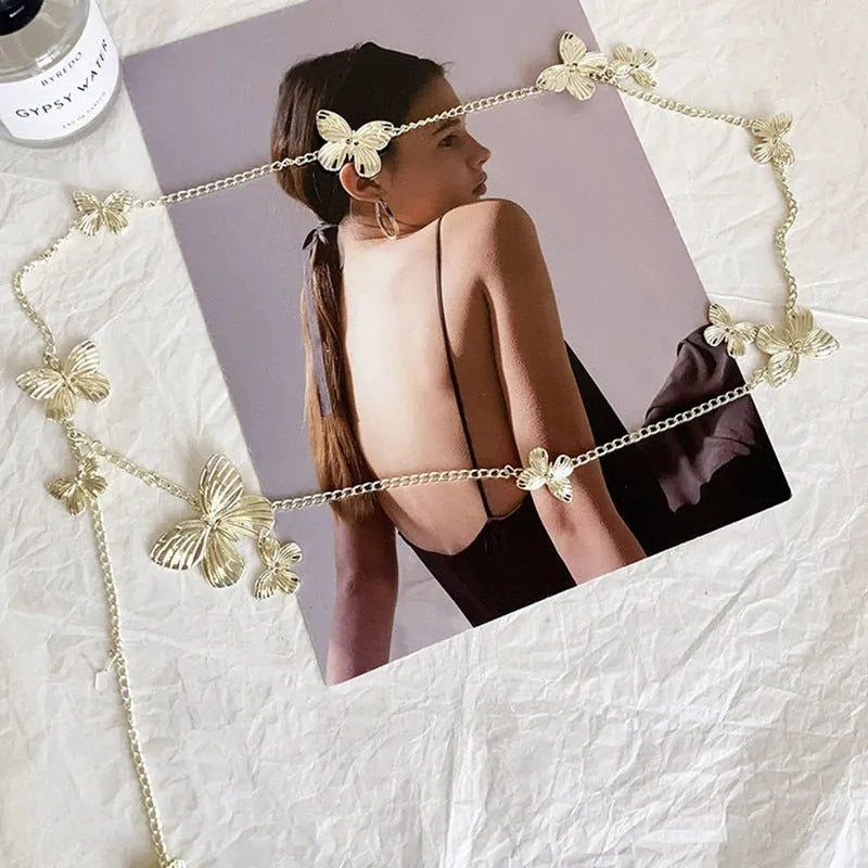 Gold butterfly waist chain belt 40cm wide alloy women's retro accessory