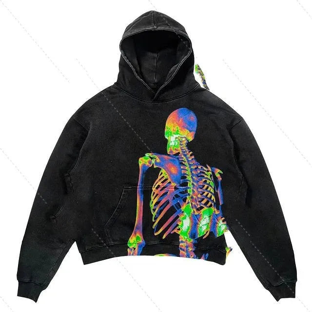 Men's black skull print pullover with round neck and long sleeves on white background