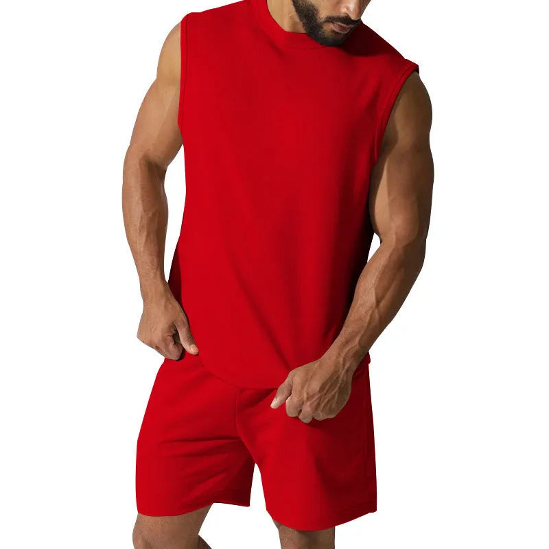 Men's sleeveless cotton blend sports top and matching shorts in solid colour options