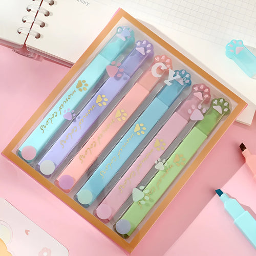 Cat's Paw box of six fluorescent marker pens with oblique tips in assorted colours.