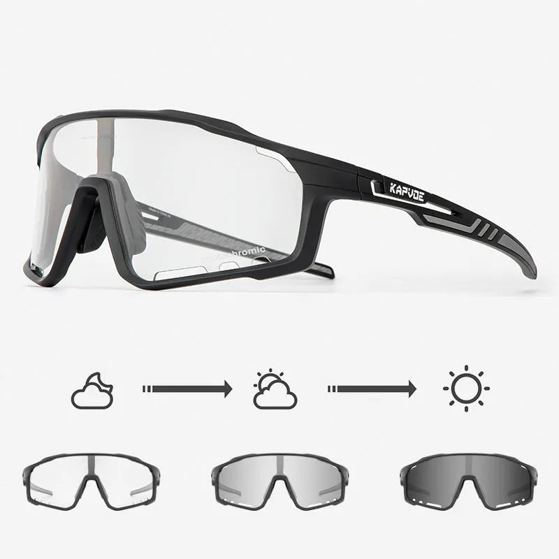 TR90 semi-rimless cycling sunglasses with photochromic lenses, shown in multiple colour options.
