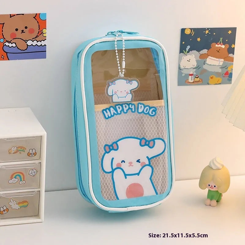 Transparent PVC pencil case with South Korea style cartoon design and large capacity for stationery