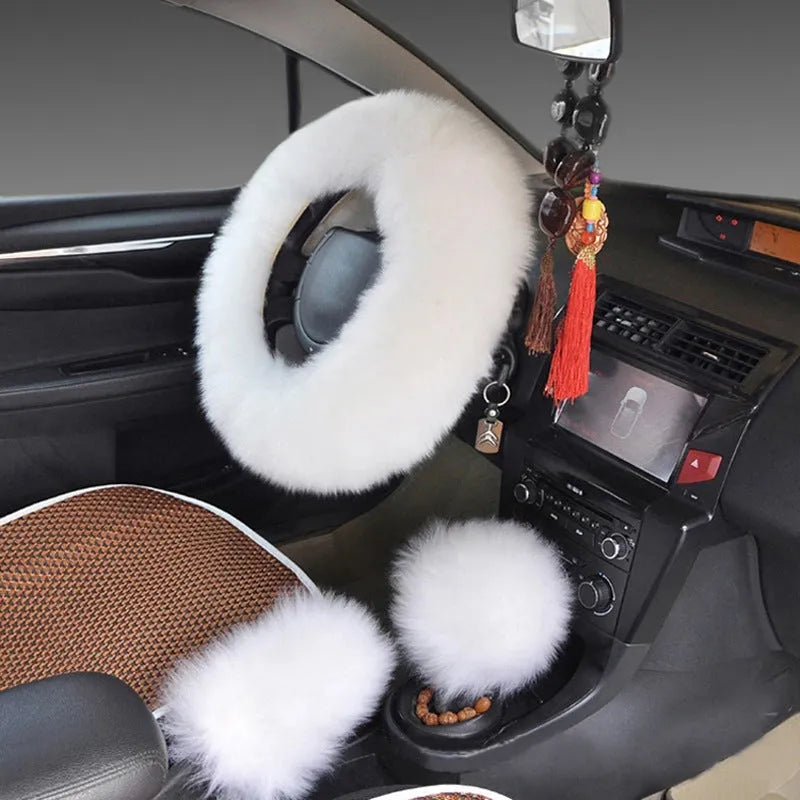 Wool and cashmere blend steering wheel cover and two matching handle covers set for 38cm diameter wheels.