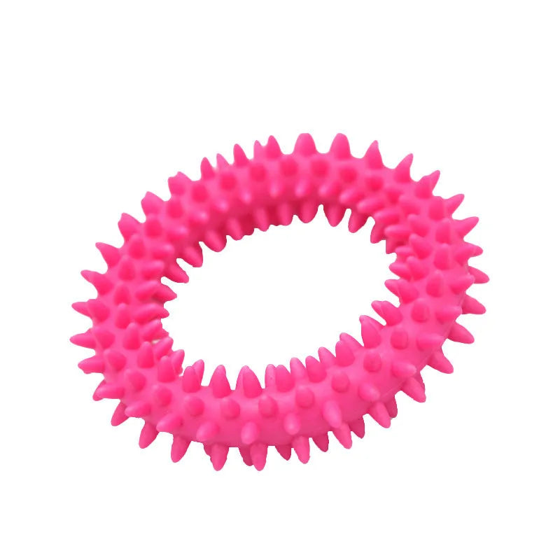 Blue TPR spiky circle dog chew toy for dental cleaning on a white background.