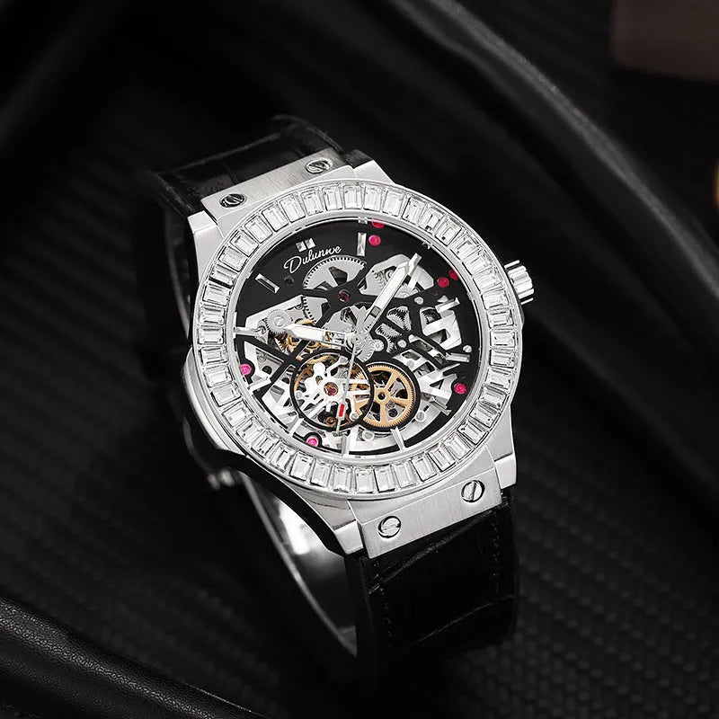 Automatic mechanical men's watch with hollow movement and diamond studding on white shell case