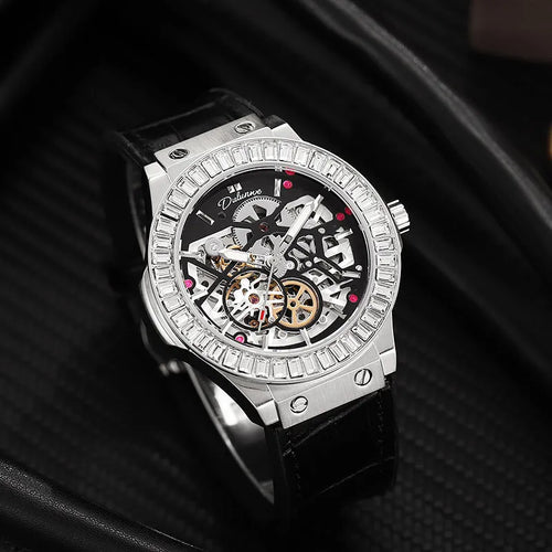 Automatic mechanical men's watch with hollow movement and diamond studding on white shell case