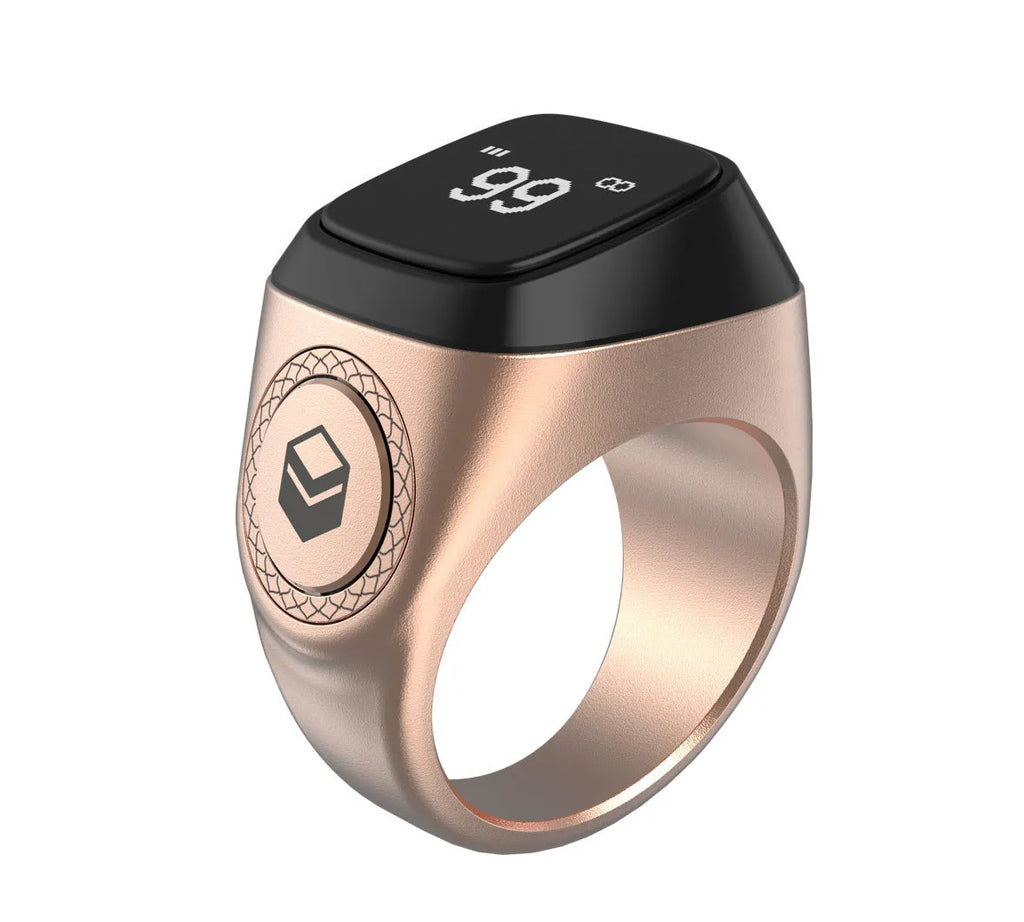 Zikr1 smart Islamic prayer counter ring with OLED display showing time and count, available in black, green, rose gold, and silver colours