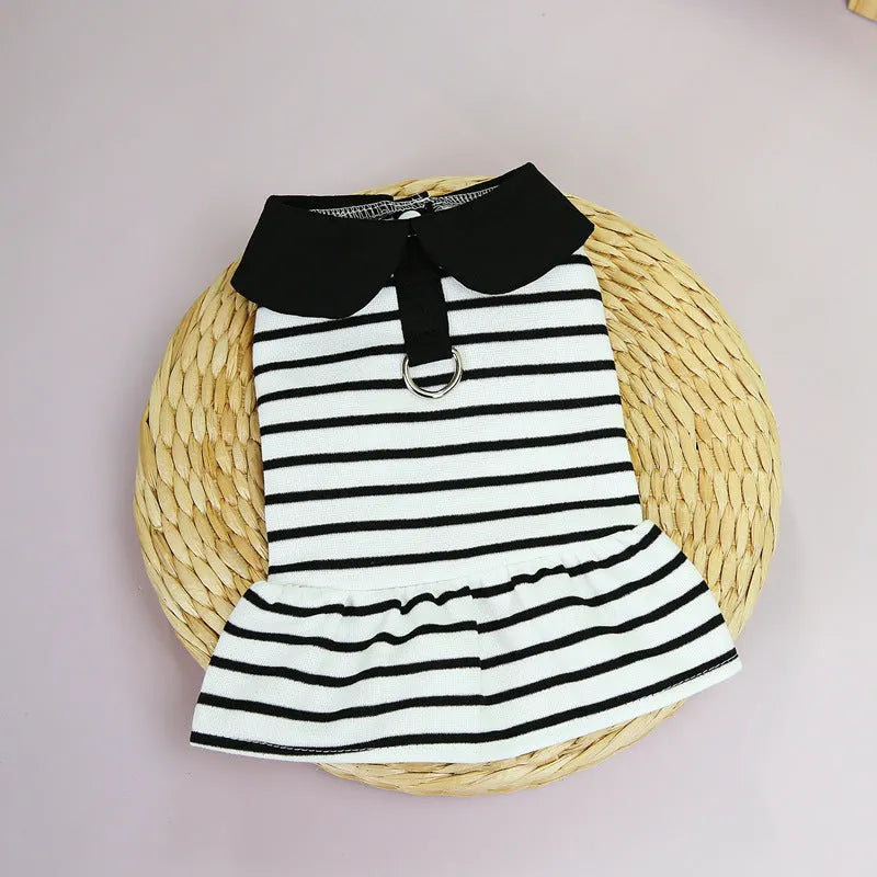 Pet dog wearing pink stripes cotton T-shirt and skirt summer outfit set