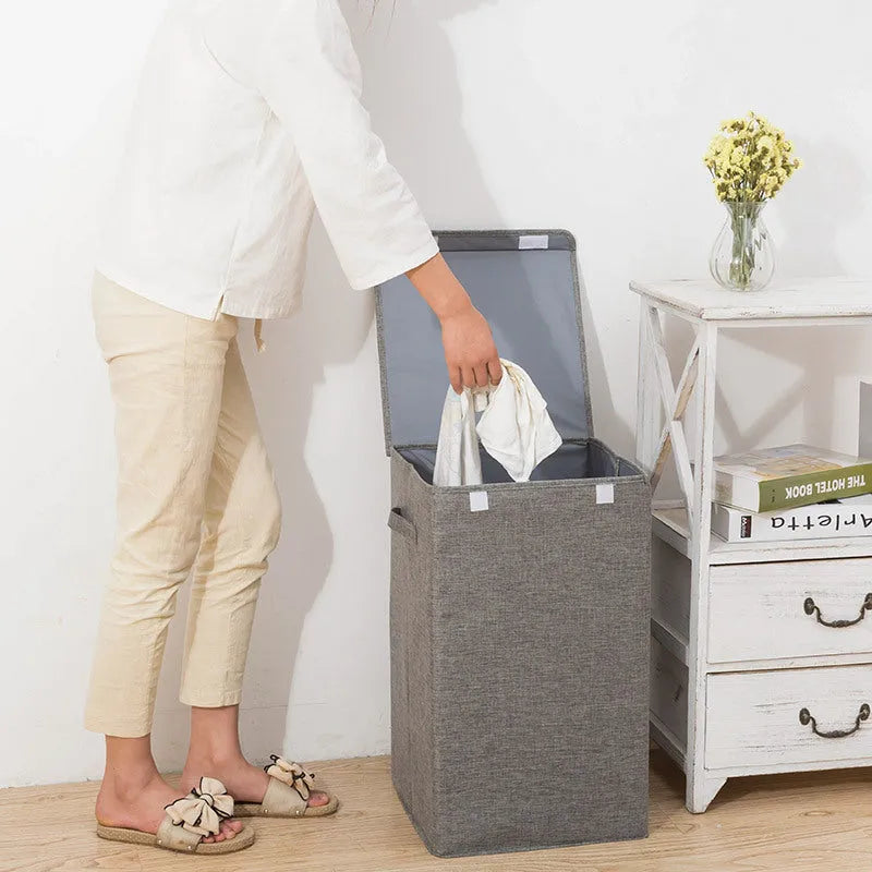 3D foldable clothes storage basket in cotton linen fabric, grey colour, medium size
