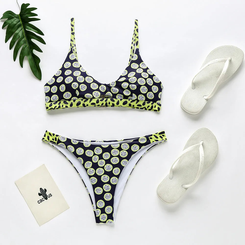 Women's bikini set in black and white polka dot or red and white stripe pattern