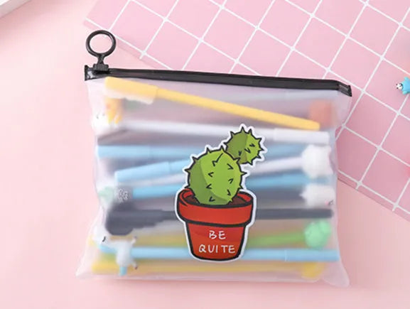 Marvel plastic pen case open showing twenty cartoon cactus design 0.5mm black pens inside.
