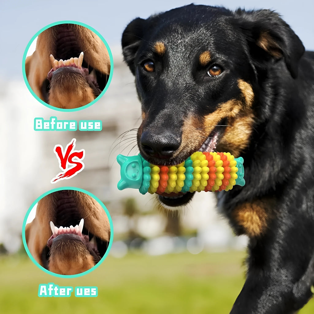 Blue rubber caterpillar-shaped dog chew toy for aggressive chewers on a plain background