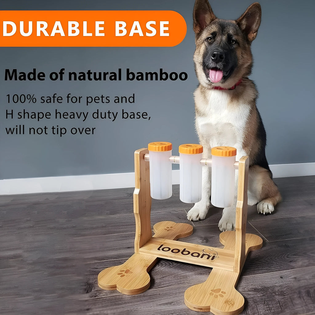 Wooden dog puzzle toy snack dispenser feeder with treat compartments measuring 31x30x20cm