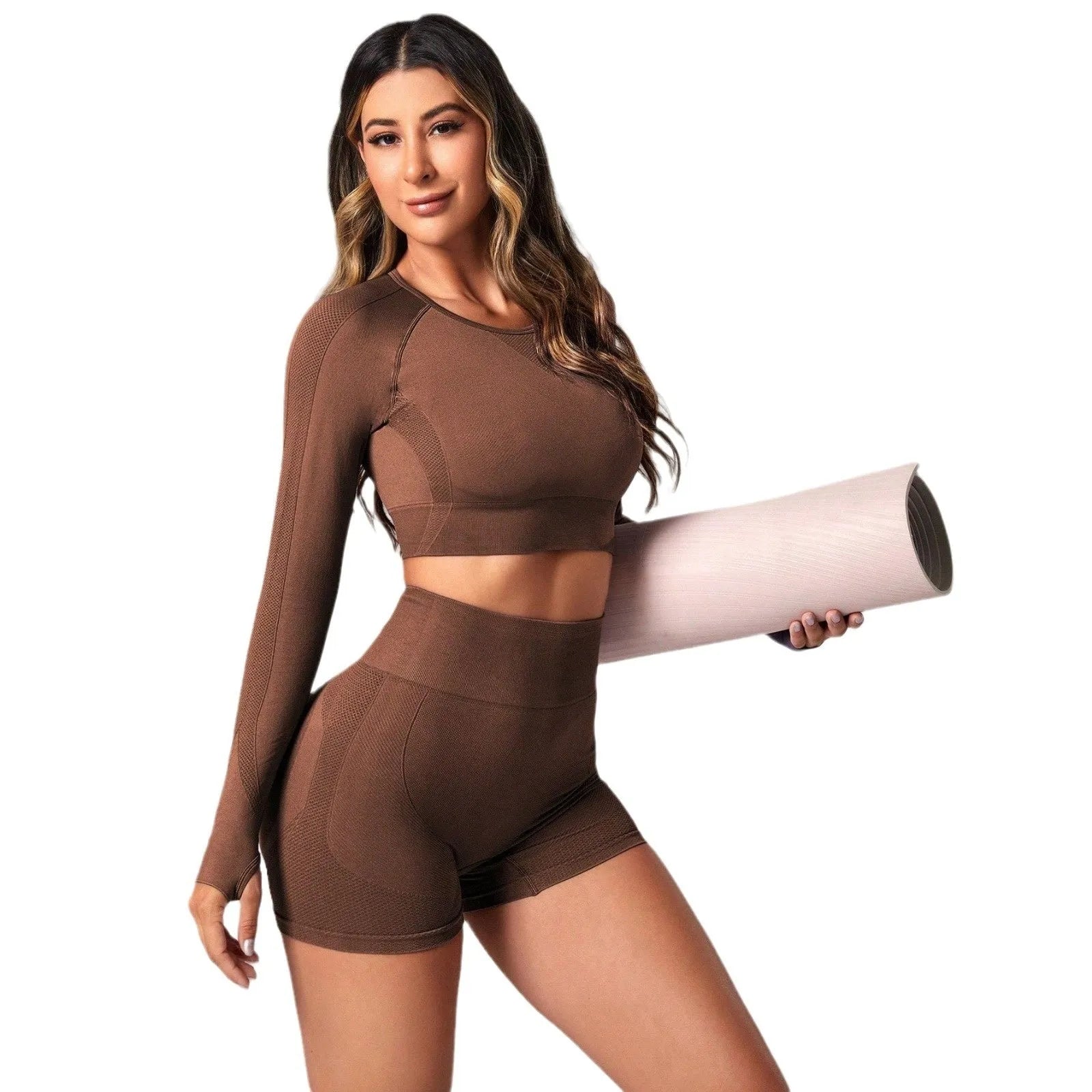 Women's high-waist yoga suit in black, featuring a long sleeve top and tight-fit trousers.