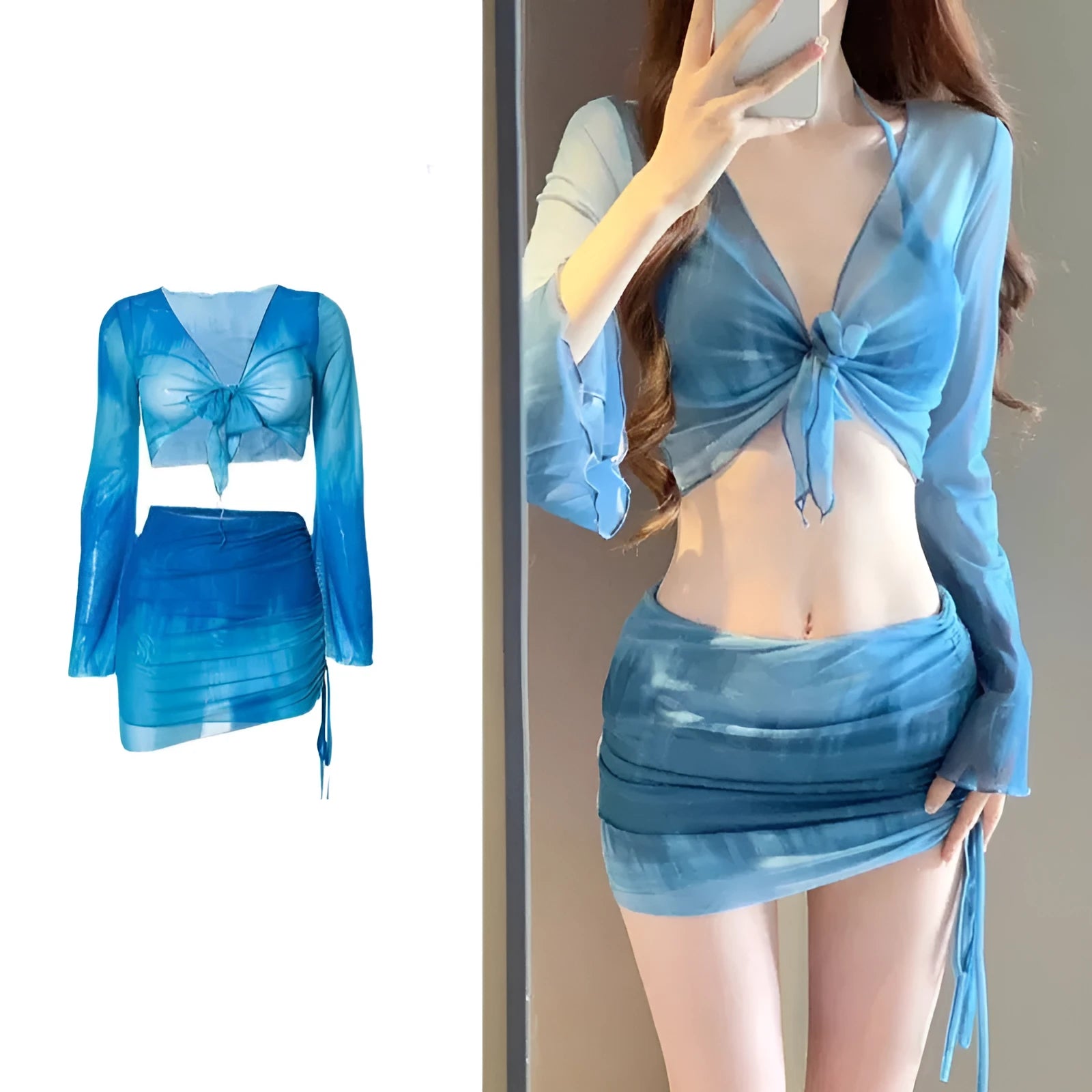 Women's blue four-piece bikini swimsuit set with shirt, bra, underwear, and skirt on hanger