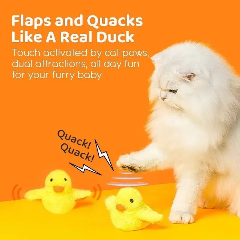 Yellow chick-shaped interactive cat toy with flapping wings and USB charging cable