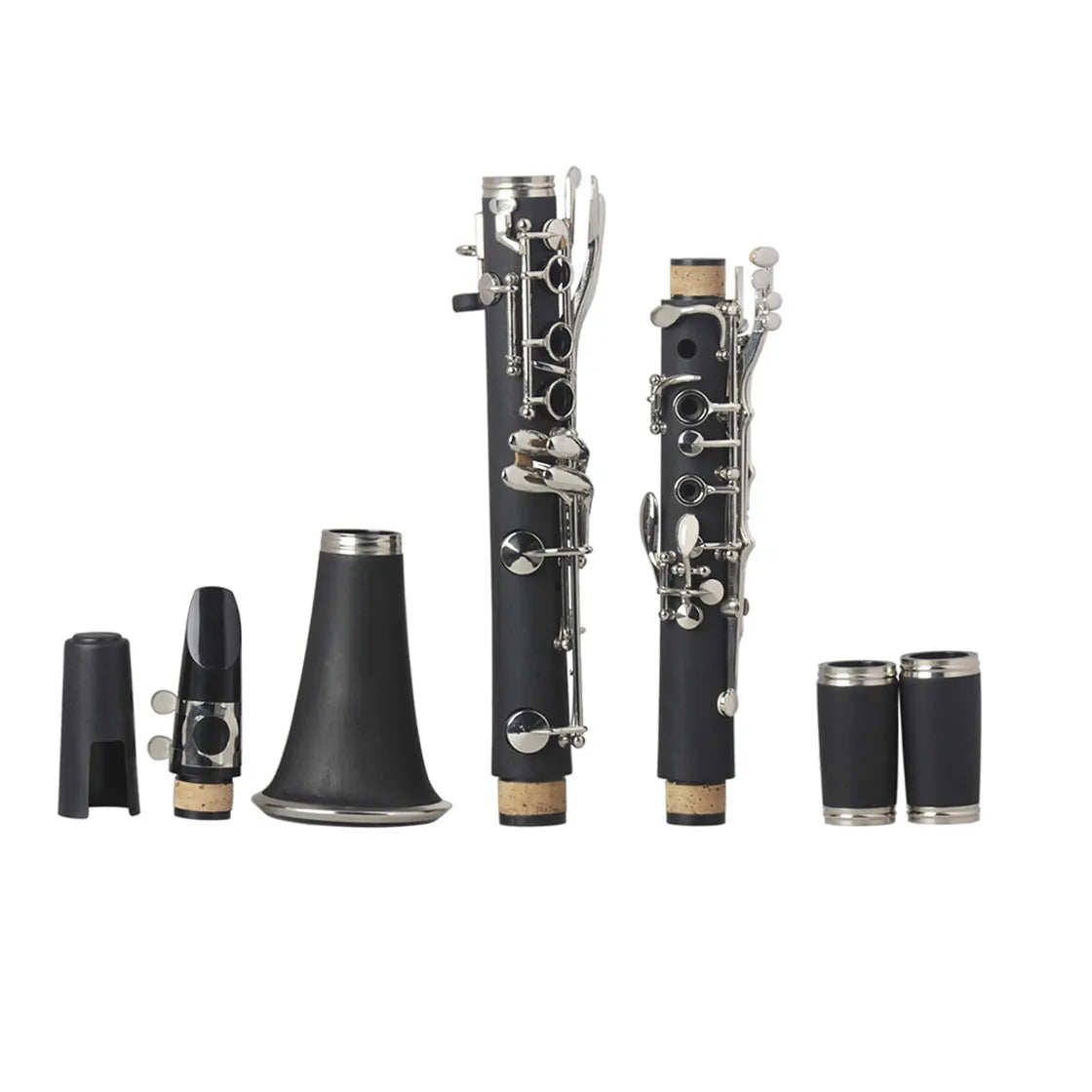 Black Bakelite clarinet with 17 nickel-plated keys shown with its included carrying bag.