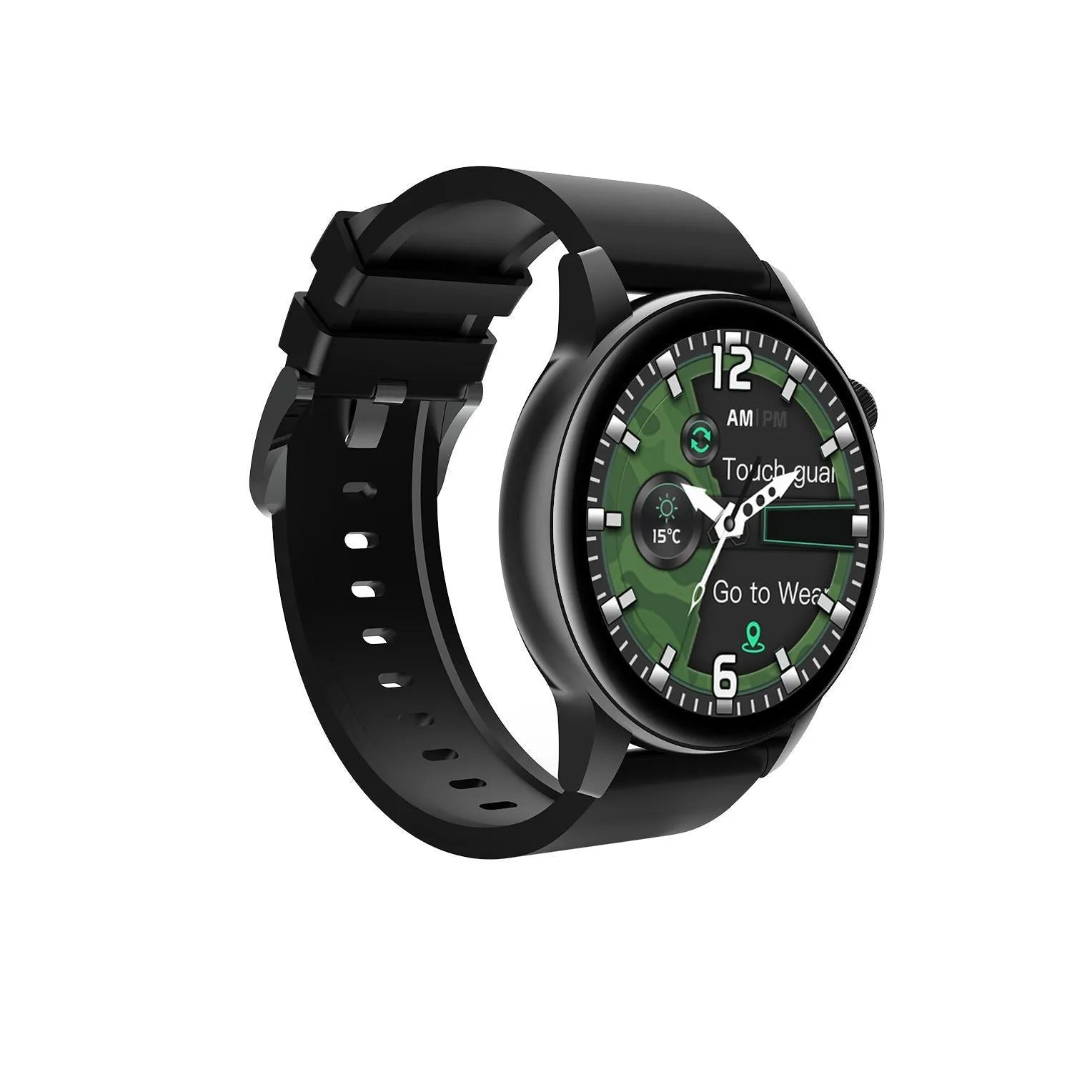 Silver smart watch with a round stainless steel case and a colour touch screen displaying a watch face