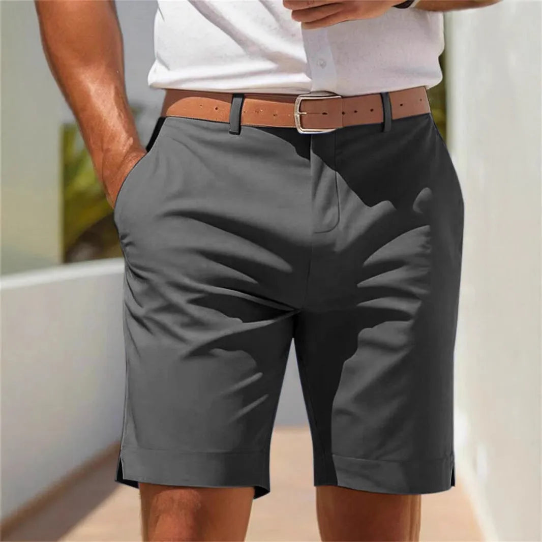 Men's straight-leg polyester summer shorts in light grey colour showing smart-casual design