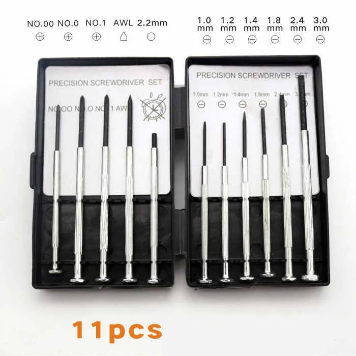 11-piece clock screwdriver set with multiple head types for electronics repair
