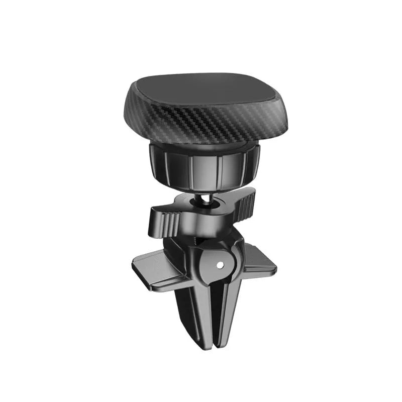 Black magnetic car phone holder mounted on car air conditioning vent with smartphone attached